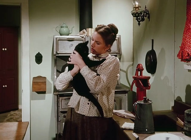 Little House on the Prairie - Days of Sunshine, Days of Shadows Part One - Laura Melissa Gilbert holding black cat in kitchen