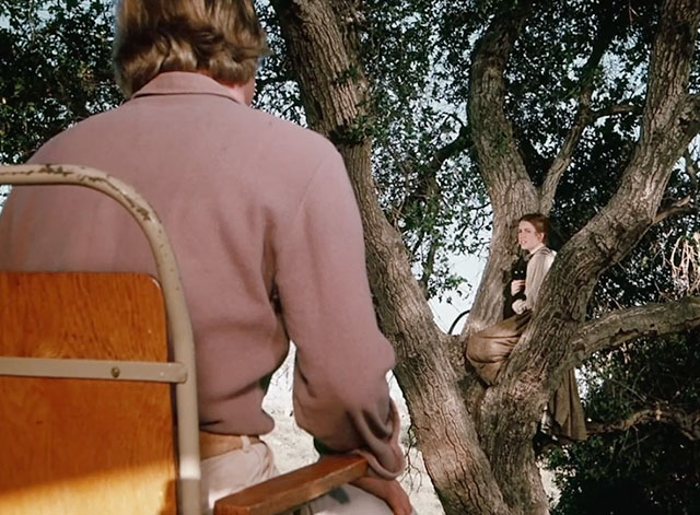 Little House on the Prairie - Days of Sunshine, Days of Shadows Part One - Almanzo looking at Laura Melissa Gilbert sitting in tree holding black cat