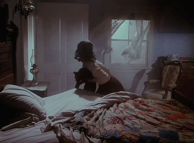 Little House on the Prairie - Days of Sunshine, Days of Shadows Part Two - Laura holding black cat in bedroom as storm breaks window