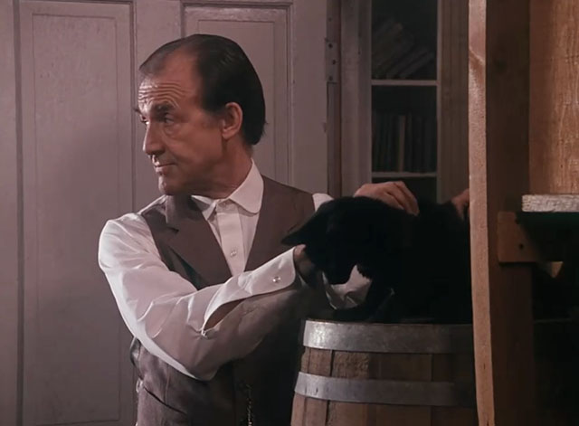 Little House on the Prairie - Gambini, the Great - Nels Richard Bull petting black cat Pepper on barrel