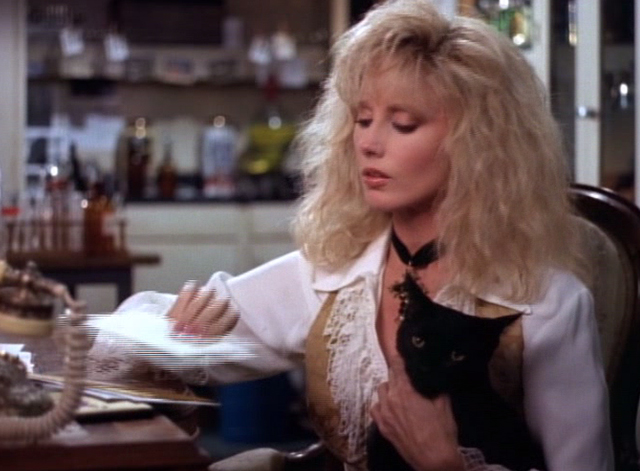 Lois and Clark - Pheromone, My Lovely - Miranda Morgan Fairchild holding black cat on lap