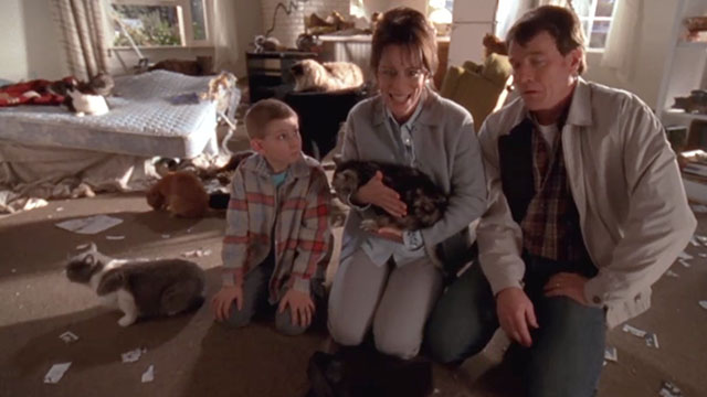 Malcolm in the Middle - Malcolm vs. Reese - Lois Jane Kaczmarek holding brown tabby with other cats surrounding Hal Bryan Cranston and Dewey Erik Per Sullivan