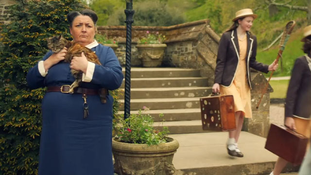 Malory Towers - The Lost Treasure - Matron Ashley McGuire holding torbie cat Kenny