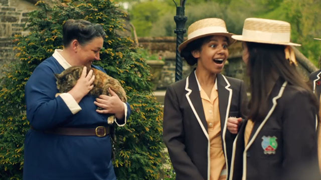 Malory Towers - The Lost Treasure - Matron Ashley McGuire holding torbie cat Kenny with Ellen Carys John and Jean Beth Bradfield