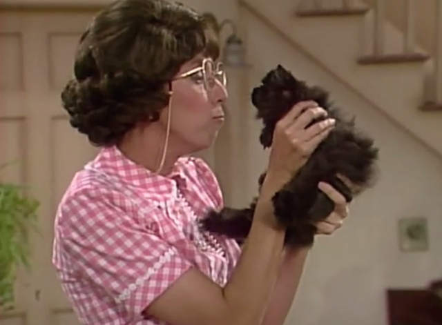 Mama's Family - Cat's Meow - Iola Beverly Archer holding up black Persian kitten Midnight