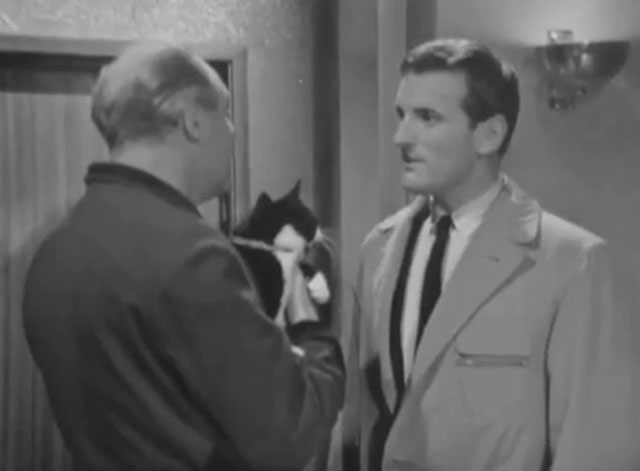 A Man Called Harry Brent - Episode 2 Jacqueline - porter John Horsley holding tuxedo cat with Milton Gerald Harper
