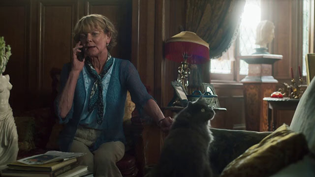 The Marlow Murder Club - Season One - Judith Samantha Bond sitting on phone beside gray longhair cat Jasper Thor