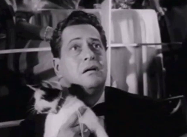 The Millionaire - Ralph the Cat - Freddie Del Moore holding crosseyed calico cat Elmer in restaurant