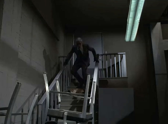 Mission: Impossible - Blind - Phelps stunt man tripping over ginger and white cat on stairs
