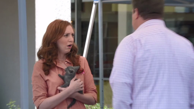 Modern Family - Bringing Up Baby - adoption worker Emily Happe holding gray kitten and looking shocked