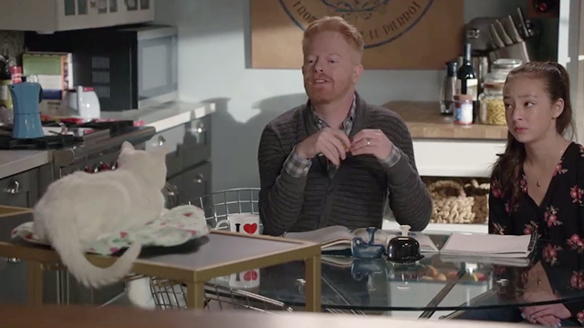 Modern Family - I'm Going to Miss This - Mitchell Jesse Tyler Ferguson and Lily Aubrey Anderson-Emmons looking at white cat Larry Frosty
