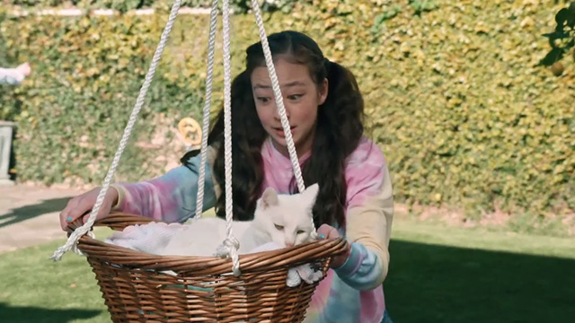 Modern Family - I'm Going to Miss This - white cat Larry Frosty in basket tied to balloons saved by Lily Aubrey Anderson-Emmons
