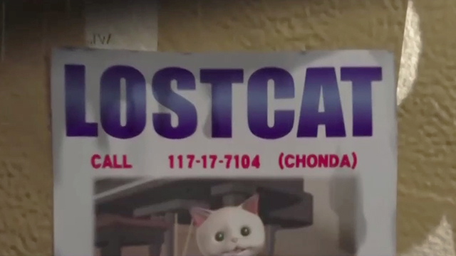 Mr. Stain on Junk Alley - Binoculars - lost cat poster with Lost Kitten on it