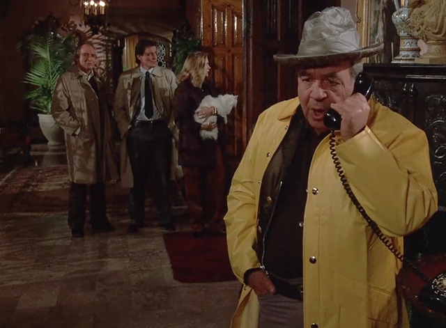 Murder, She Wrote - Crossed Up - Sheriff Amos Tupper Tom Bosley on phone with with Dody Colleen Camp holding white Persian cat Muff Muff in background