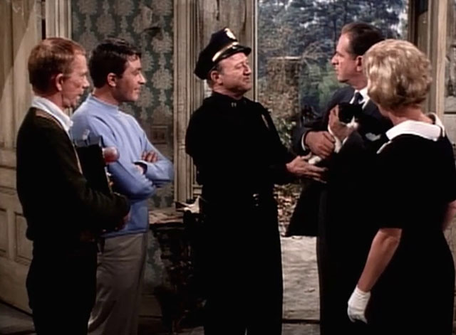My Favorite Martian - Stop the Presses, I Want to Get Off - Tim Bill Bixby, Uncle Martin Ray Walston, police chief Roy Engel handing tuxedo cat to Detective Brennan Alan Hewitt and Mrs. Brown Pamela Britton
