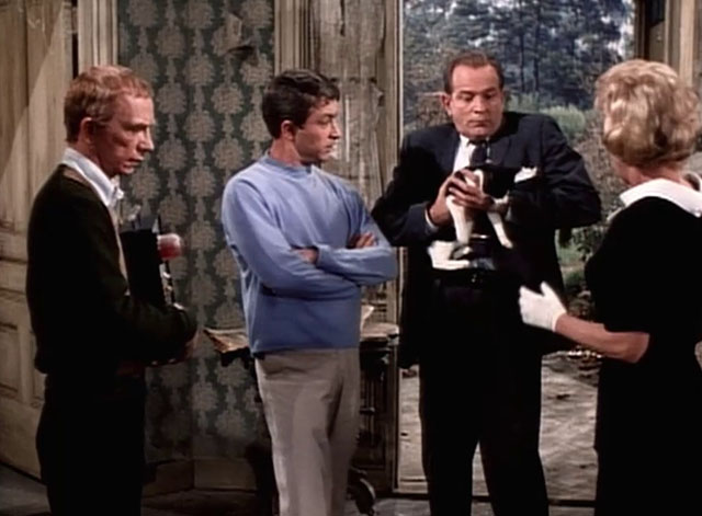 My Favorite Martian - Stop the Presses, I Want to Get Off - Tim Bill Bixby, Uncle Martin Ray Walston, Detective Brennan Alan Hewitt looking startled at tuxedo cat in his hands and Mrs. Brown Pamela Britton