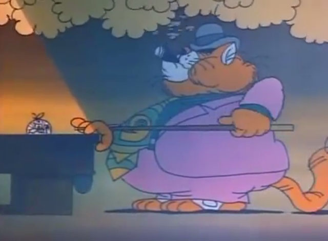 Schoolhouse Rock - Naughty Number Nine - cartoon fat orange cat gangster about to break with tied up mouse and pool cue