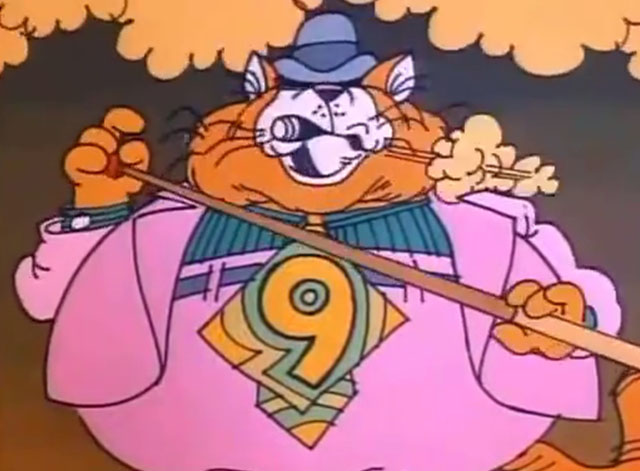 Schoolhouse Rock - Naughty Number Nine - cartoon fat orange cat gangster blowing smoke while chalking pool cue
