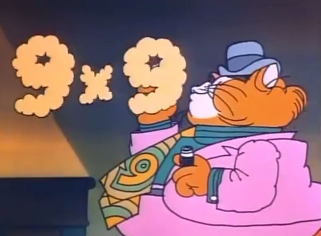 Schoolhouse Rock - Naughty Number Nine - cartoon fat orange cat gangster blowing smoke to read 9 x 9