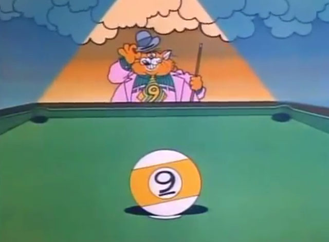 Schoolhouse Rock - Naughty Number Nine - cartoon fat orange cat gangster behind pool table raising hat and smiling