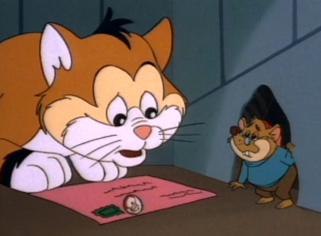 Nick and Noel - orange, black and white cartoon cat Noel with letter and Barnaby the mouse