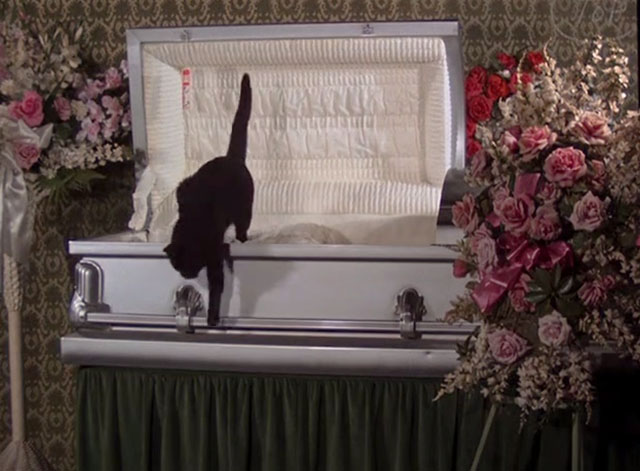 Night Gallery - Die Now, Pay Later - black cat jumping down from open white coffin