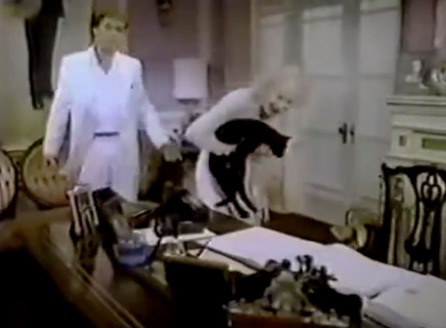 The Nutt House - Pilot - Mrs. Nutt Cloris Leachman carrying black cat to desk with Charles Brian McNamara