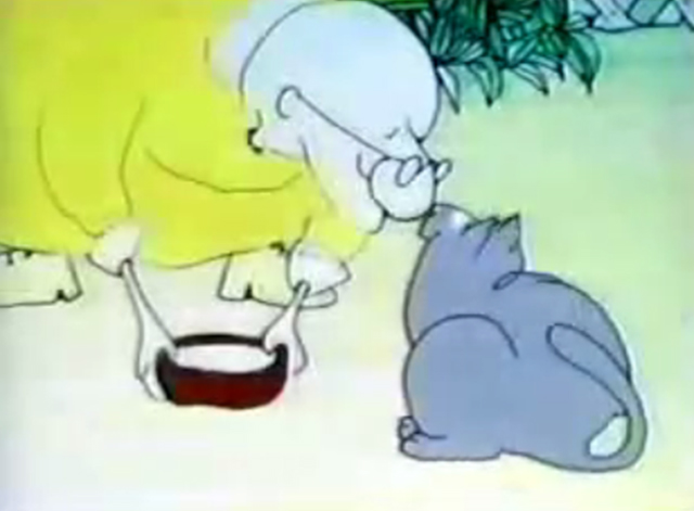Sesame Street - Old Lady Feeding Cat - old woman looking down at gray cat