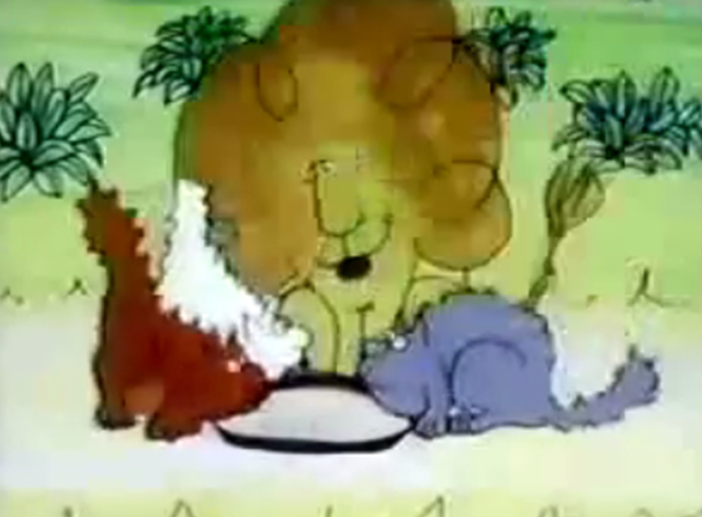 Sesame Street - Old Lady Feeding Cat - gray and orange and white cats are joined by lion at saucer of milk