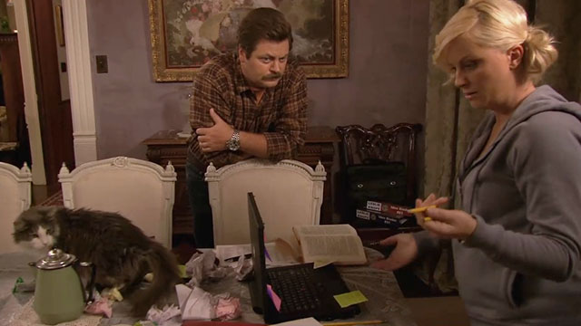 Parks and Recreation - Camping - Leslie Amy Poehler and Ron Nick Offerman in room with longhair gray and white cat