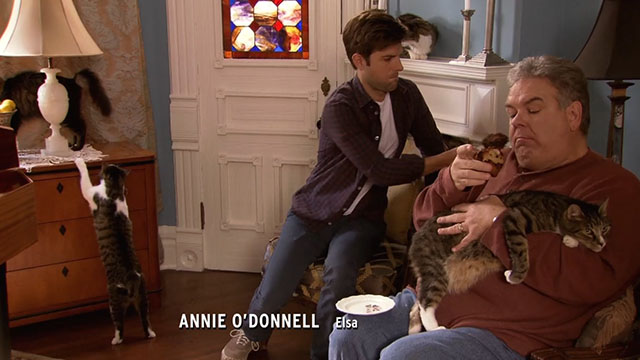 Parks and Recreation - Camping - Ben Adam Scott and Jerry Jim O'Heir in room with multiple tabby cats
