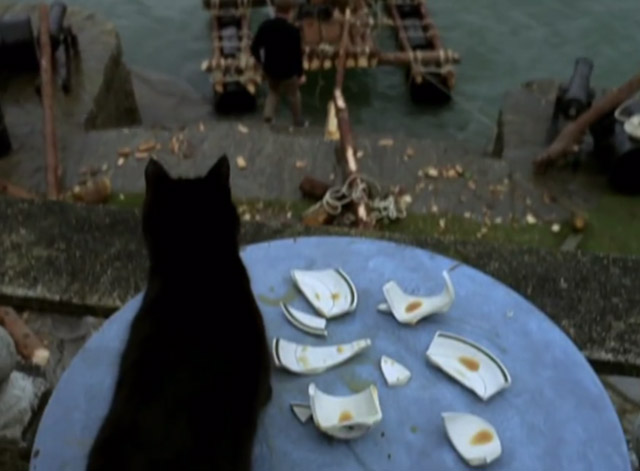 The Prisoner - Many Happy Returns black cat looking down from table with broken teacup