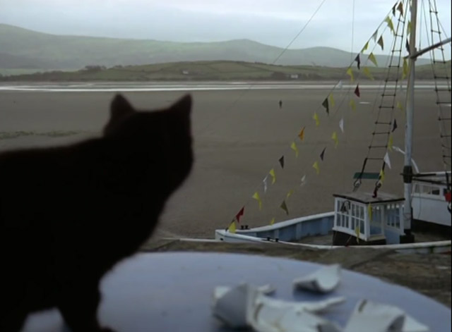 The Prisoner - Many Happy Returns black cat watching Number 6 cross beach towards Village