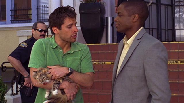 Psych - 9 Lives - calico cat Little Boy Cat carried by Shawn James Roday with Gus Dulé Hill