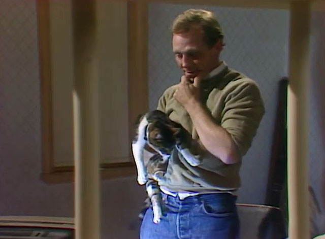 Rafferty's Rules - Unaired Pilot - Rafferty Chris Haywood holding calico tabby cat while watching television