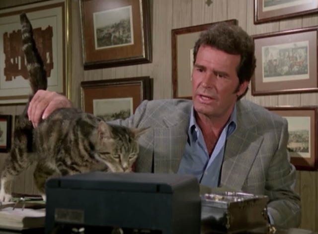 The Rockford Files - Beamer's Last Case - Valentino cat on Rockford's desk