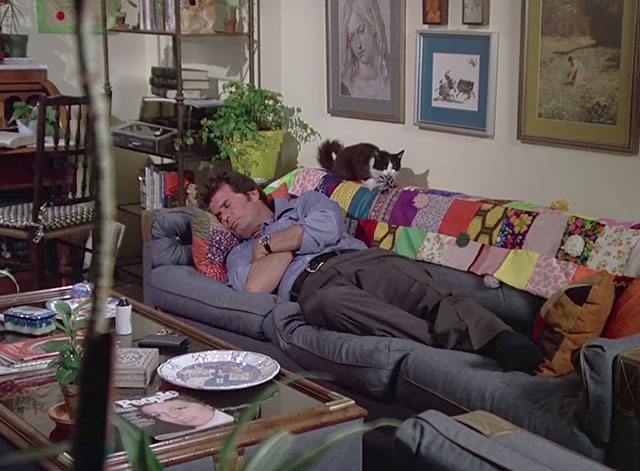 The Rockford Files - Chicken Little is a Little Chicken - tuxedo cat licking pom pom on back of couch where Jim Rockford James Garner is sleeping