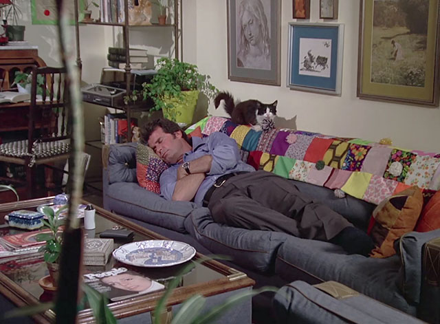 The Rockford Files - Chicken Little is a Little Chicken - tuxedo cat licking pom pom on back of couch where Jim Rockford James Garner is sleeping