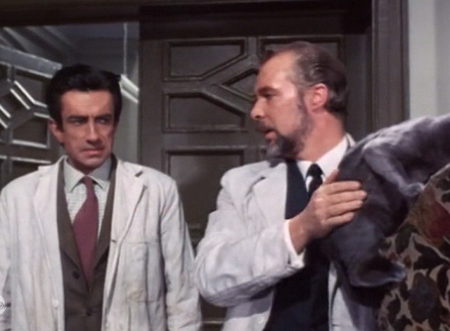 The Saint - The House on Dragon's Rock - Dr. Sardon Anthony Bate putting gray cat Precious on back of chair with Armstrong Alex Scott