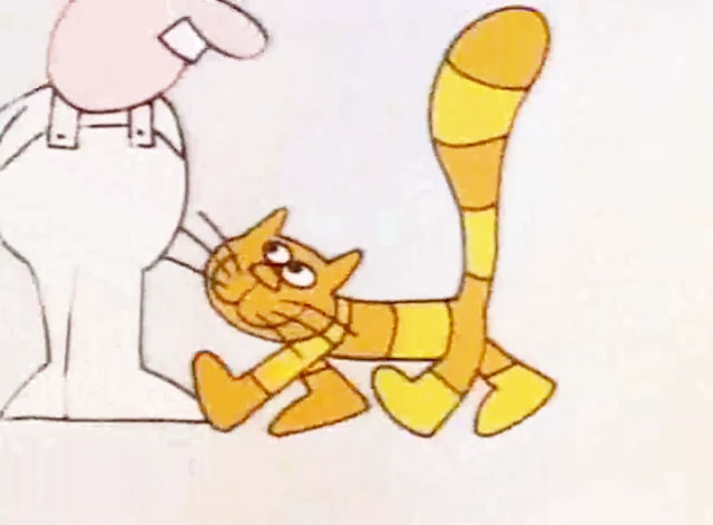 Schoolhouse Rock - Electricity Electricity - cartoon yellow and orange striped cat approaching workman