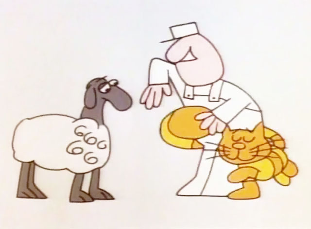 Schoolhouse Rock - Electricity Electricity - cartoon yellow and orange striped cat rubbing against workman with sheep