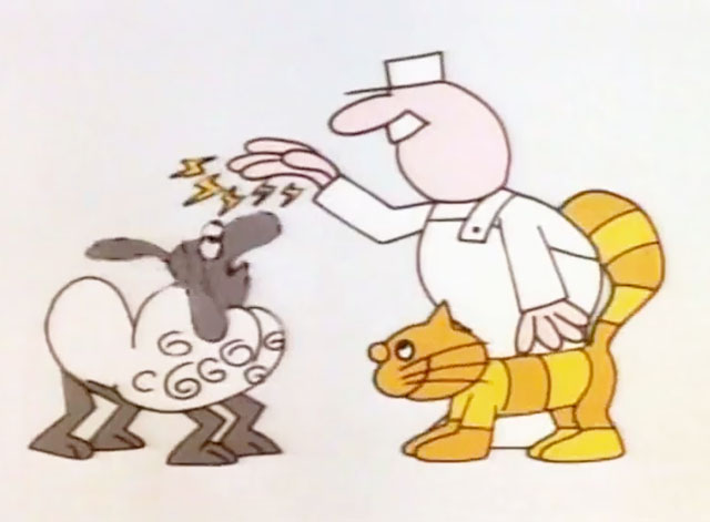 Schoolhouse Rock - Electricity Electricity - cartoon yellow and orange striped cat rubbing against workman who shocks sheep