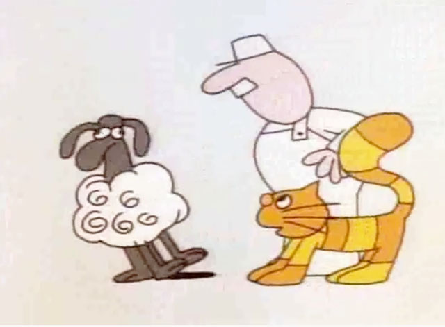 Schoolhouse Rock - Electricity Electricity - cartoon yellow and orange striped cat looking at worn out sheep