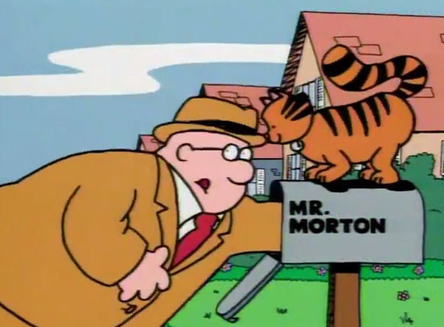 Schoolhouse Rock - The Tale of Mr. Morton - reaching into mailbox with orange tabby cat on top
