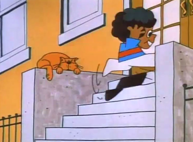 Schoolhouse Rock - Verb, That's What's Happening - cartoon orange cat sleeping beside steps as boy runs home