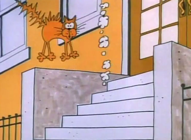 Schoolhouse Rock - Verb, That's What's Happening - cartoon orange cat jumping up scared beside steps as boy slams door