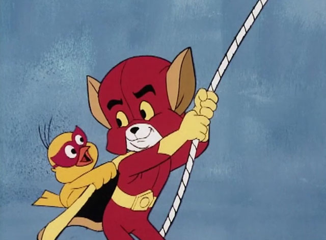 The Secret Lives of Waldo Kitty - Cat Man - cartoon Cat Man and Bird Wonder about to swing on rope