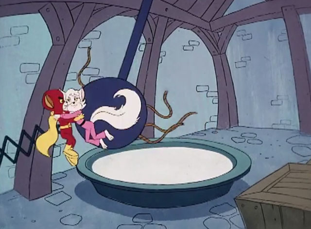 The Secret Lives of Waldo Kitty - Cat Man - cartoon Cat Man saving white cat Felicia from pendulum