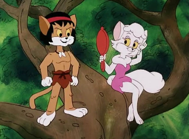 The Secret Lives of Waldo Kitty - Catzan of the Apes - cartoon ginger and white Catzan with white Persian cat Lady Vain in tree