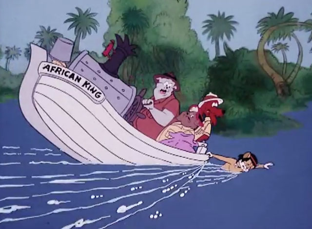 The Secret Lives of Waldo Kitty - Catzan of the Apes - cartoon ginger and white Catzan pulling poachers bulldog back on boat